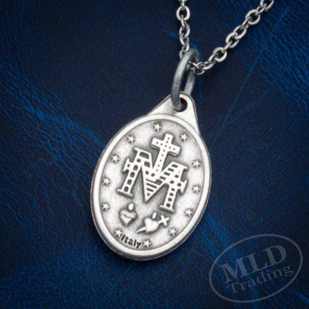 Miraculous Medal Pendant Necklace – 3/4″ Mini Oval, Silver Zinc Alloy, 18″ Chain