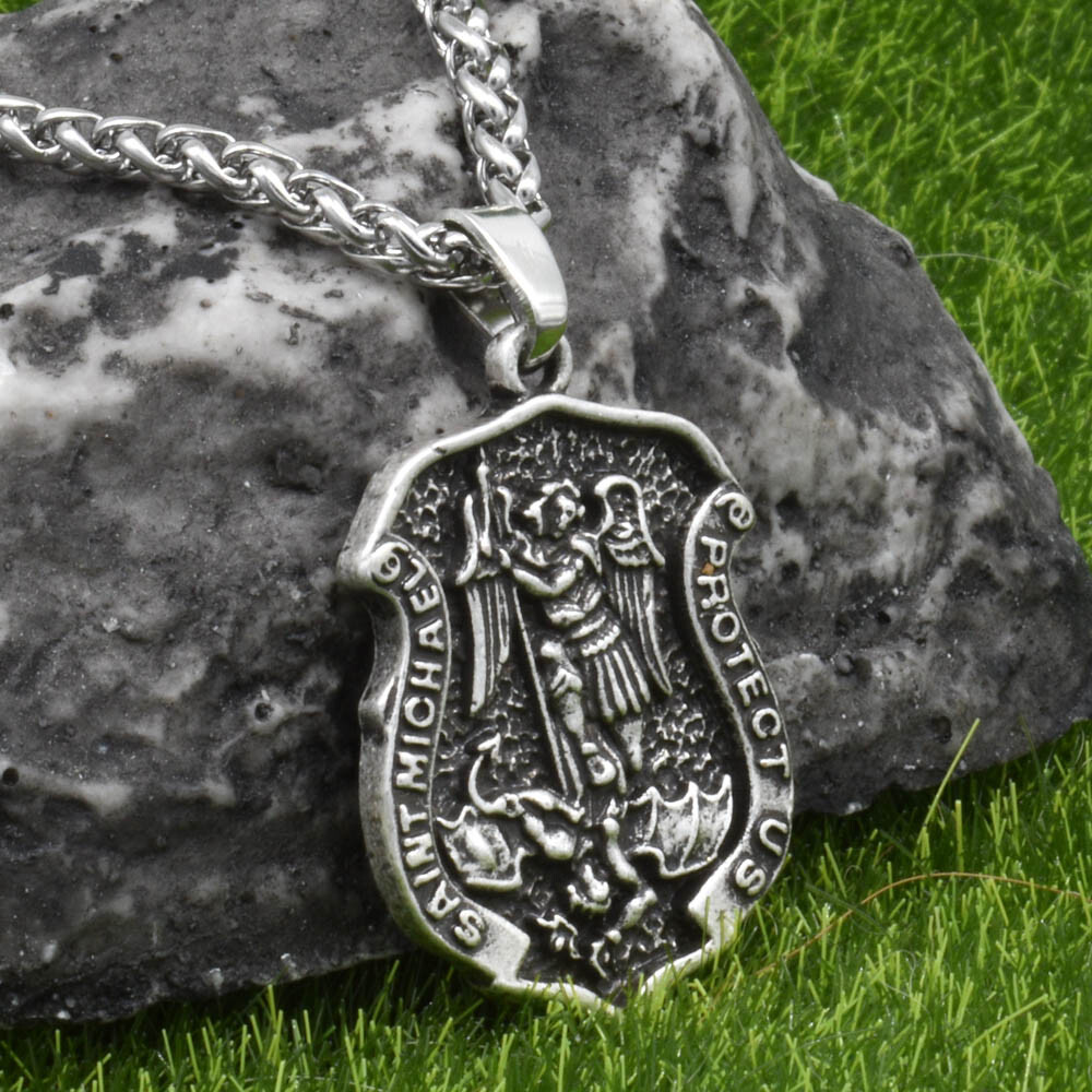 Archangel Saint St Michael Protect Us Medal Shield Pendant Necklace w 20″ Chain