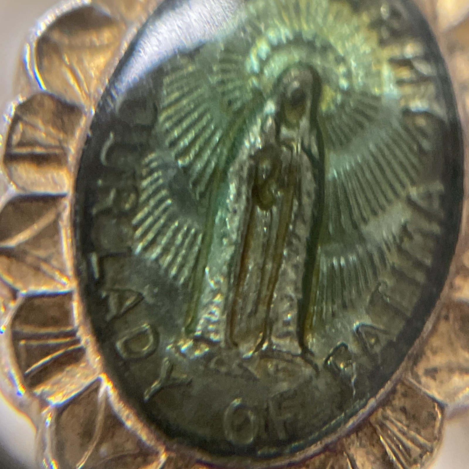 Vintage Religious Gold Toned Blue Army Our Lady of Fatima Pin Brooch