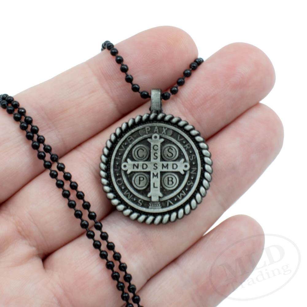 Knot Border Saint St Benedict Medal Pendant Necklace 24″ Ball Chain Black