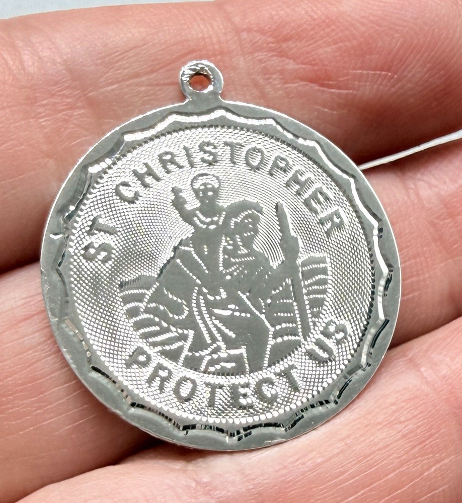Vintage Sterling Silver St Christopher Medal Pendant Disc 1″
