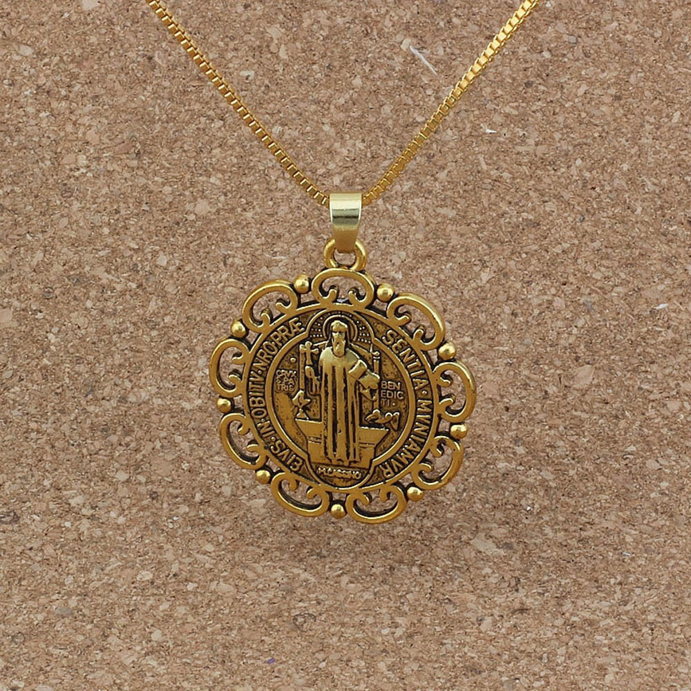 Gold Saint St Benedict Medal Filigree Border Pendant Necklace – 24″ Box Chain