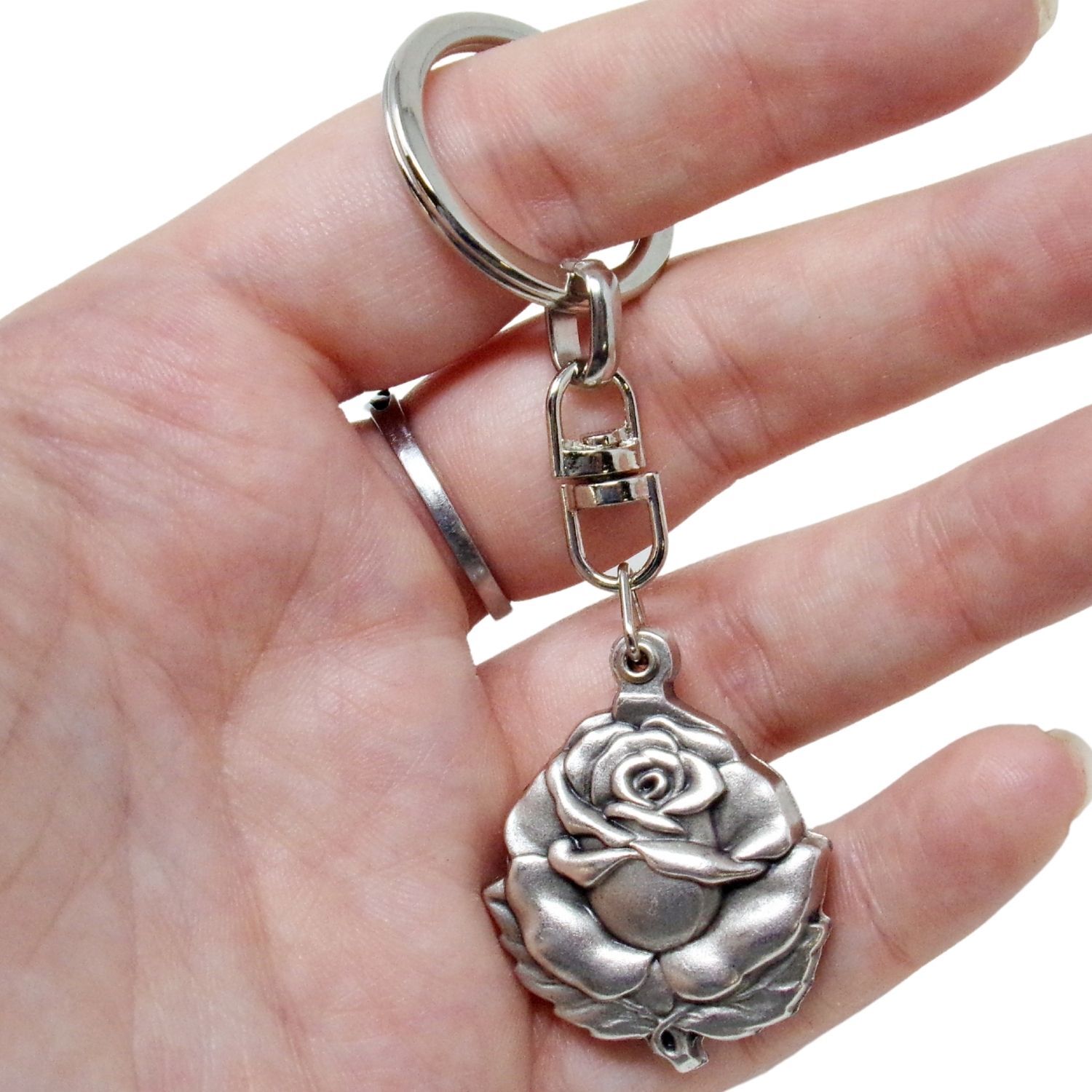 Silver Tone Sacred and Immaculate Hearts Epoxy Image Rosebud Key Chain 3 1/2 In