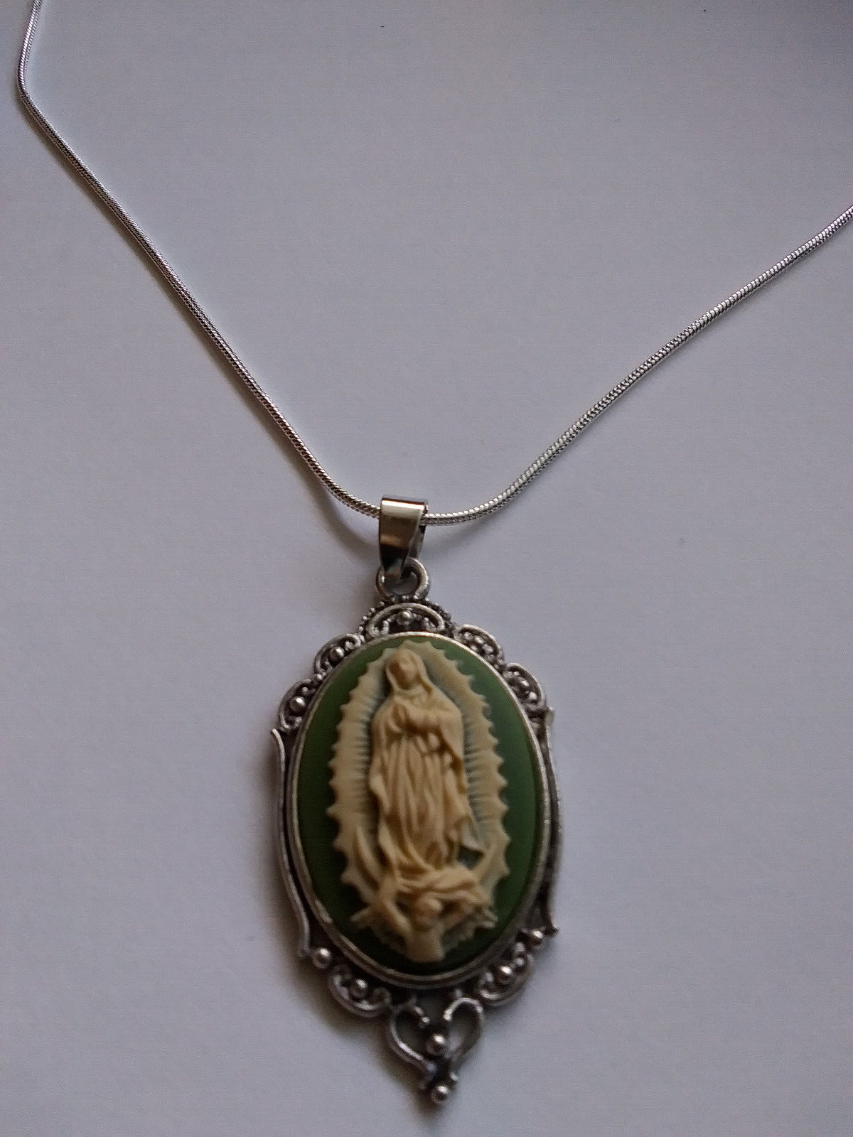 Our Lady of Guadalupe Medal Green Cameo necklace 925 sterling silver chain