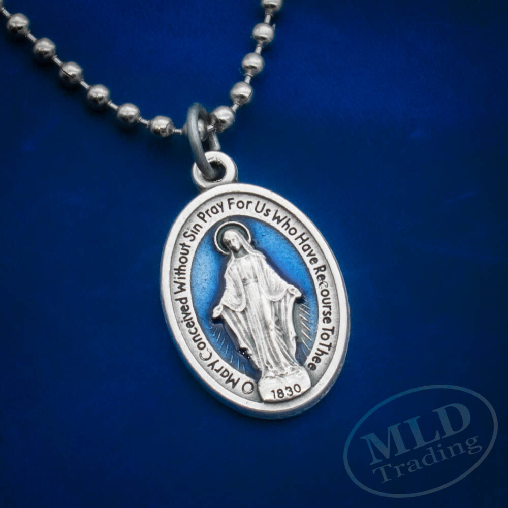Blue Miraculous Medal Virgin Mary 1″ Pendant Necklace Italy w 24″ Ball Chain
