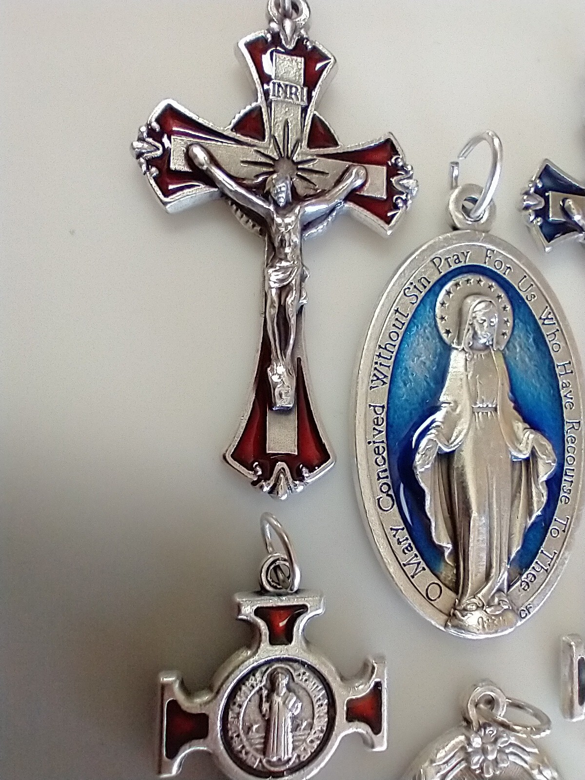 Catholic Lot Red Blue Enamel Miraculous Medal St Michael Benedict Lourdes Medals