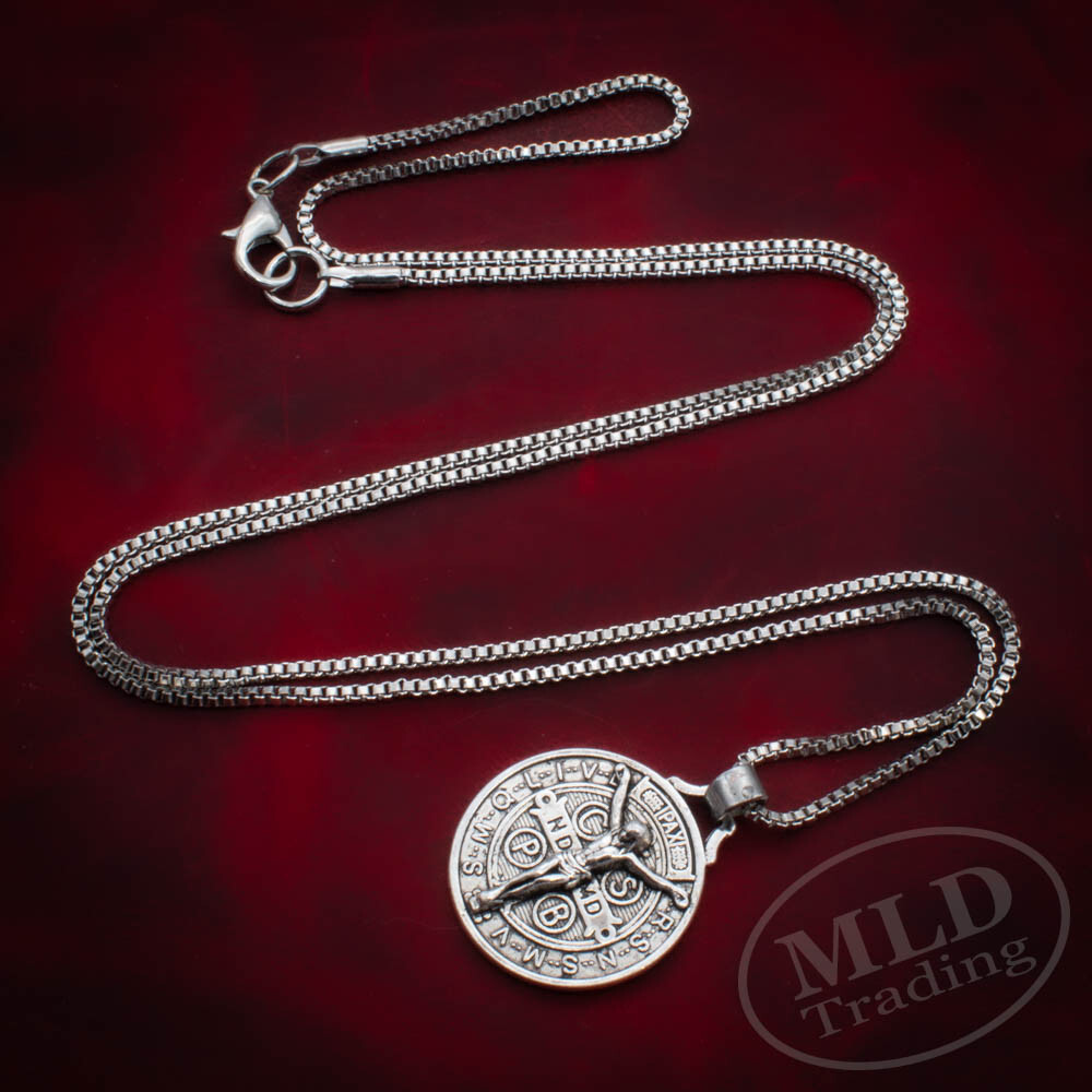 Jesus Crucifix Saint St Benedict Medal Cross Pendant Necklace 24″ Box Chain