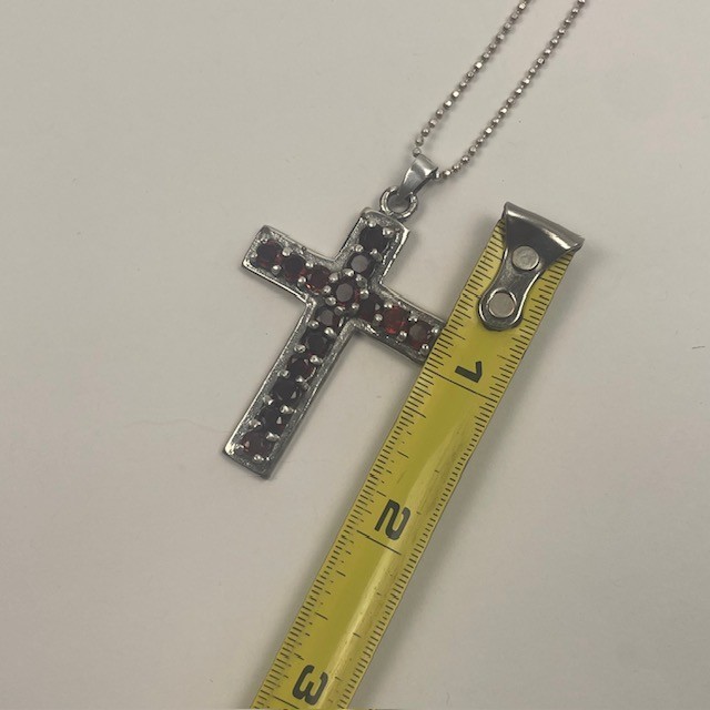 VTG Christian Cross Pendant Necklace 925 Sterling Silver Red Garnet(15)