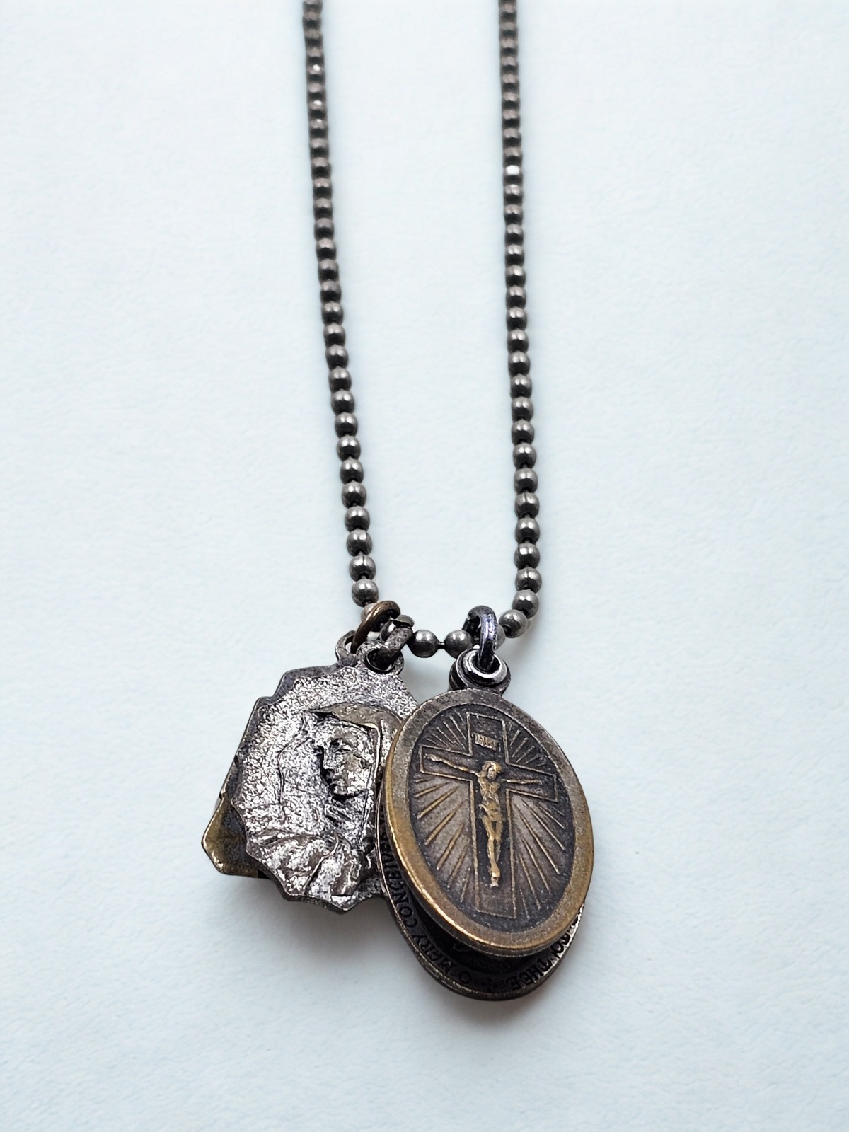 Vintage Catholic Miraculous Medal Crucifix Two Charm Ball Chain Necklace 24in