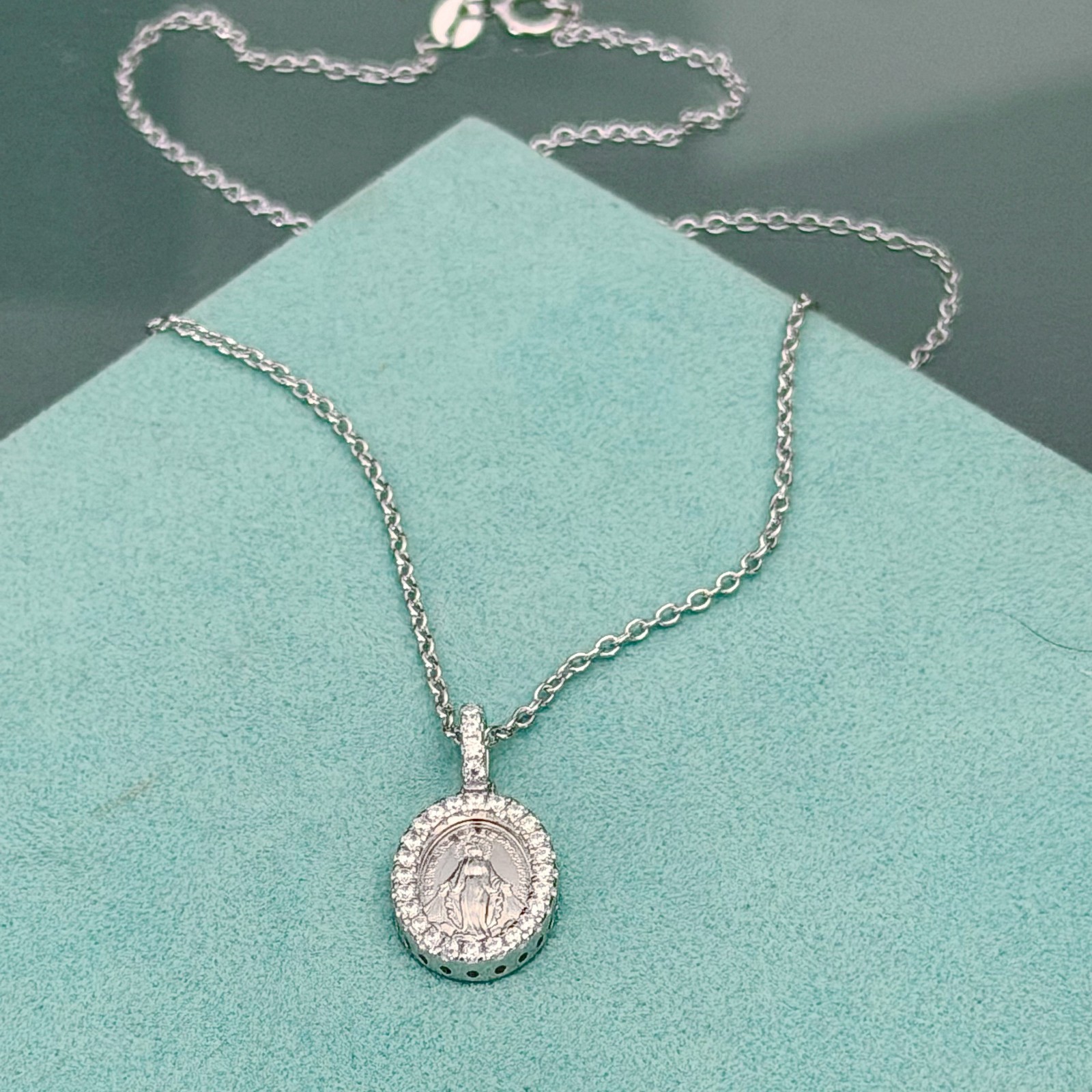 Miraculous Medal Sterling Silver Virgin Mary Pendent Necklace cz set Catholic