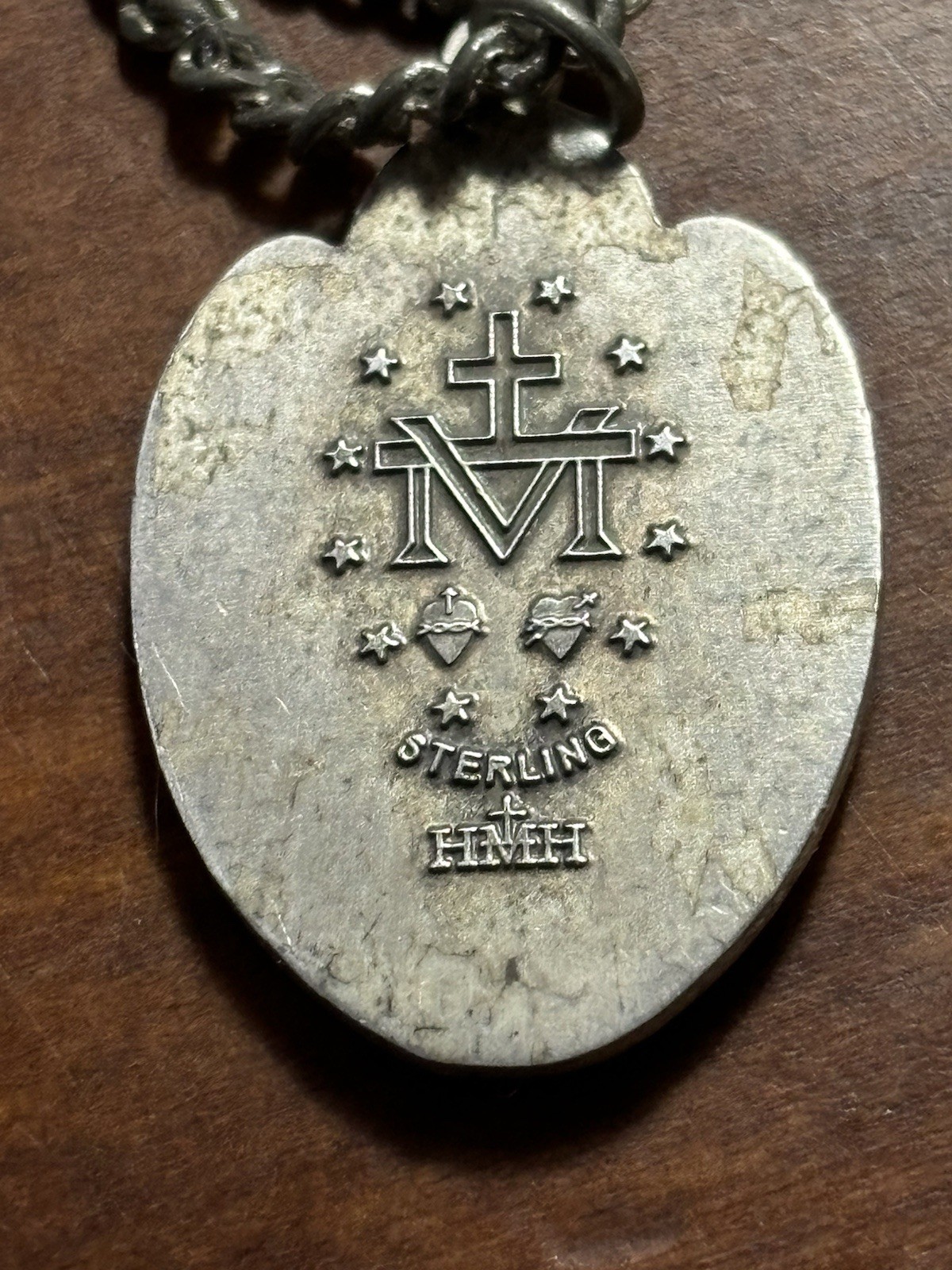 Vintage Marines Sterling Silver Enameled Miraculous Medal & Necklace