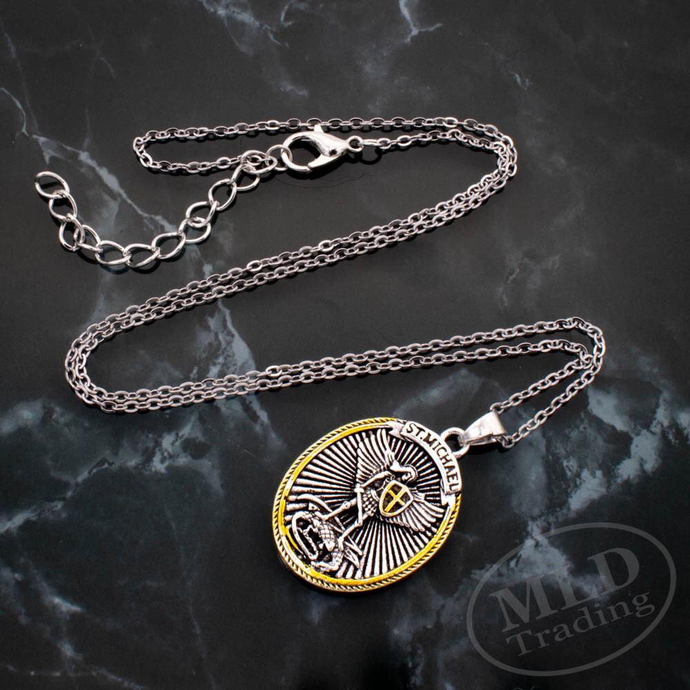 Saint St Michael Pendant Necklace, Oval Silver-Gold, 18″ Chain, Ephesians 6:10