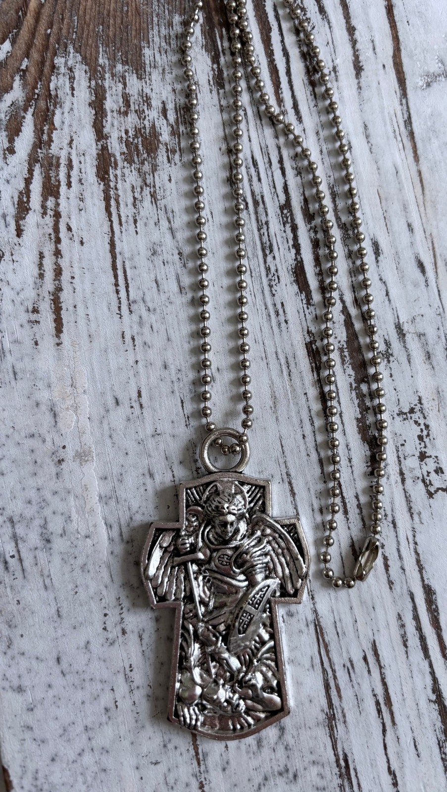 St Michael Cross 2″ In Pendant Protect Us on Bead Ball Chain w/ Velour Bag
