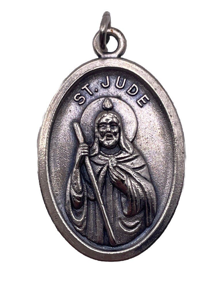 St Saint Jude Pray For Us Medal Pendant Italy Silver Tone Patron of Lost Causes