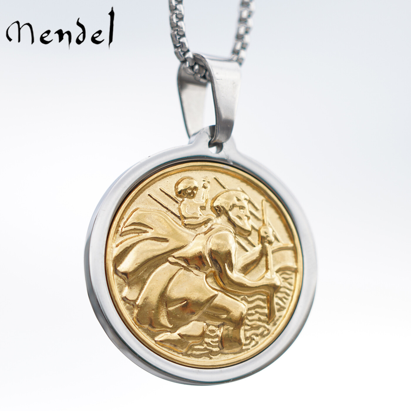 MENDEL Mens Gold St Saint Christopher Medal Pendant Necklace Stainless Steel Set