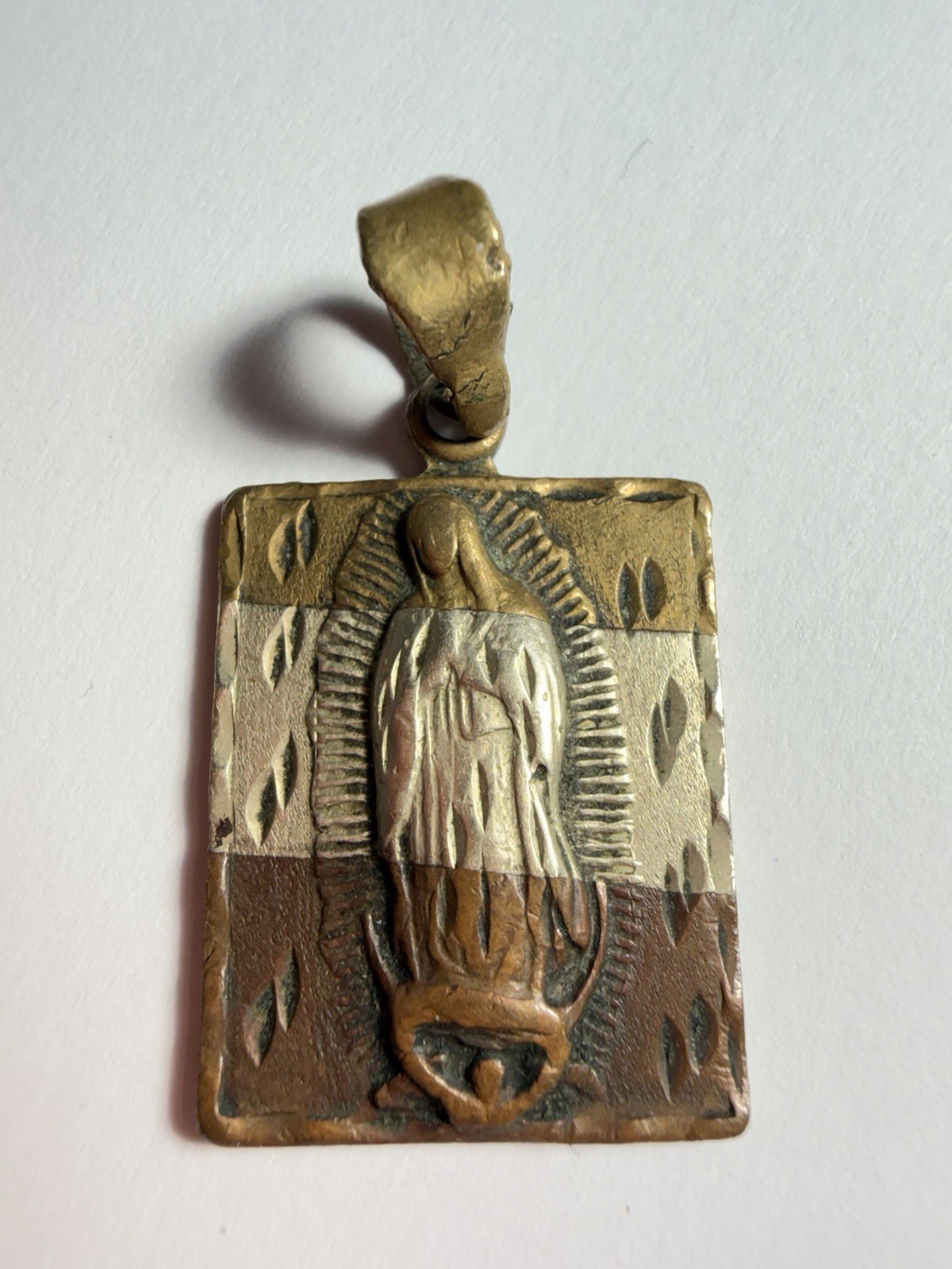 Vintage 14K Gold Base Our Lady of Guadalupe Tri-Tone Pendant Medal Mixed Hand Wo