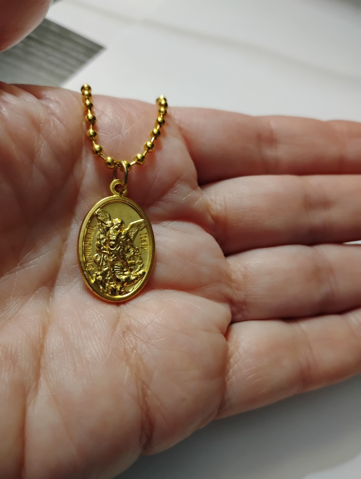 Gold St Michael+ Guardian Angel Medal Italy on 24″ Ball Chain + prayer card