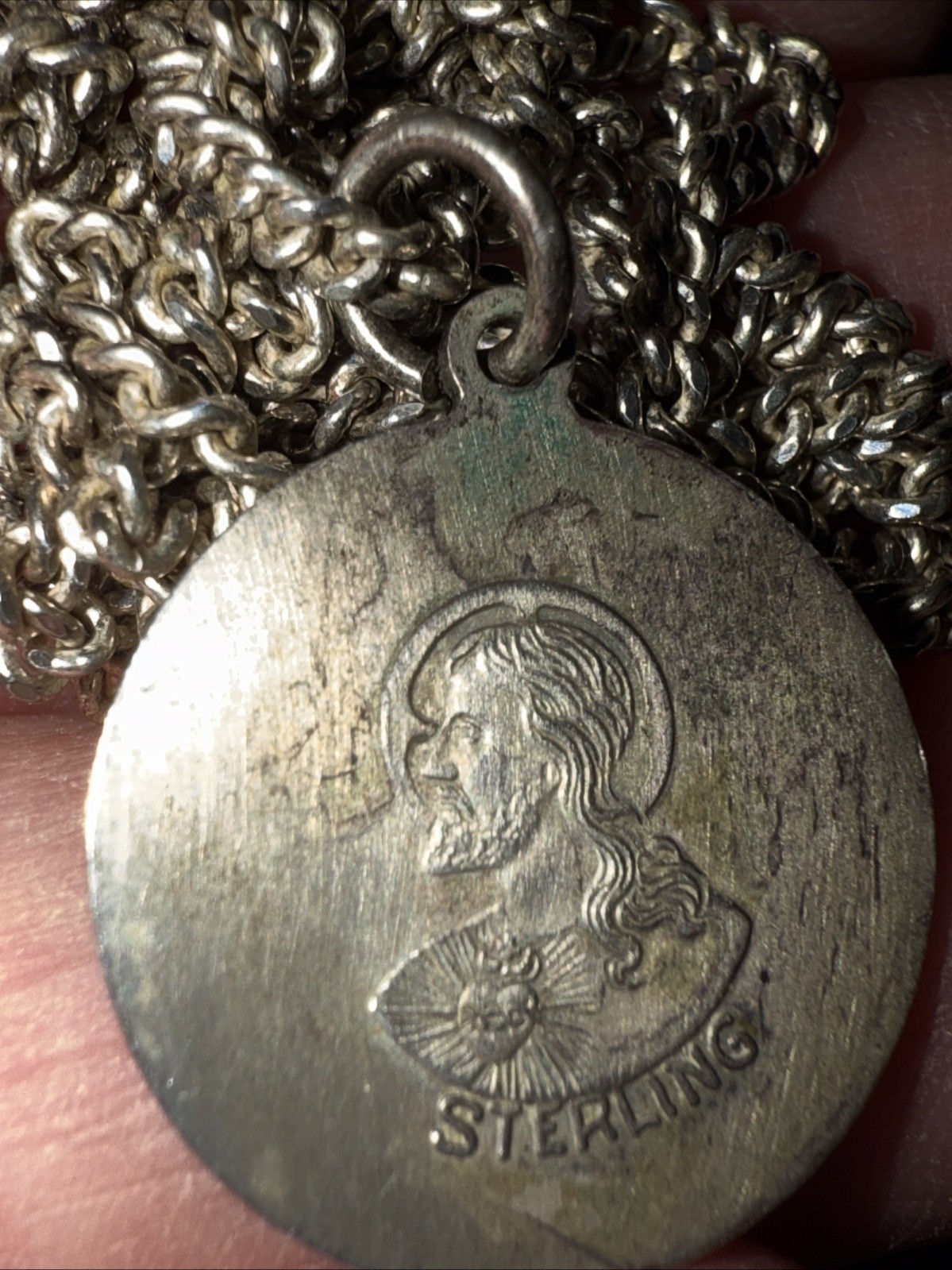 Vintage Sterling 1950s LADY OF MOUNT CARMEL & SACRED HEART OF JESUS 24” Chain