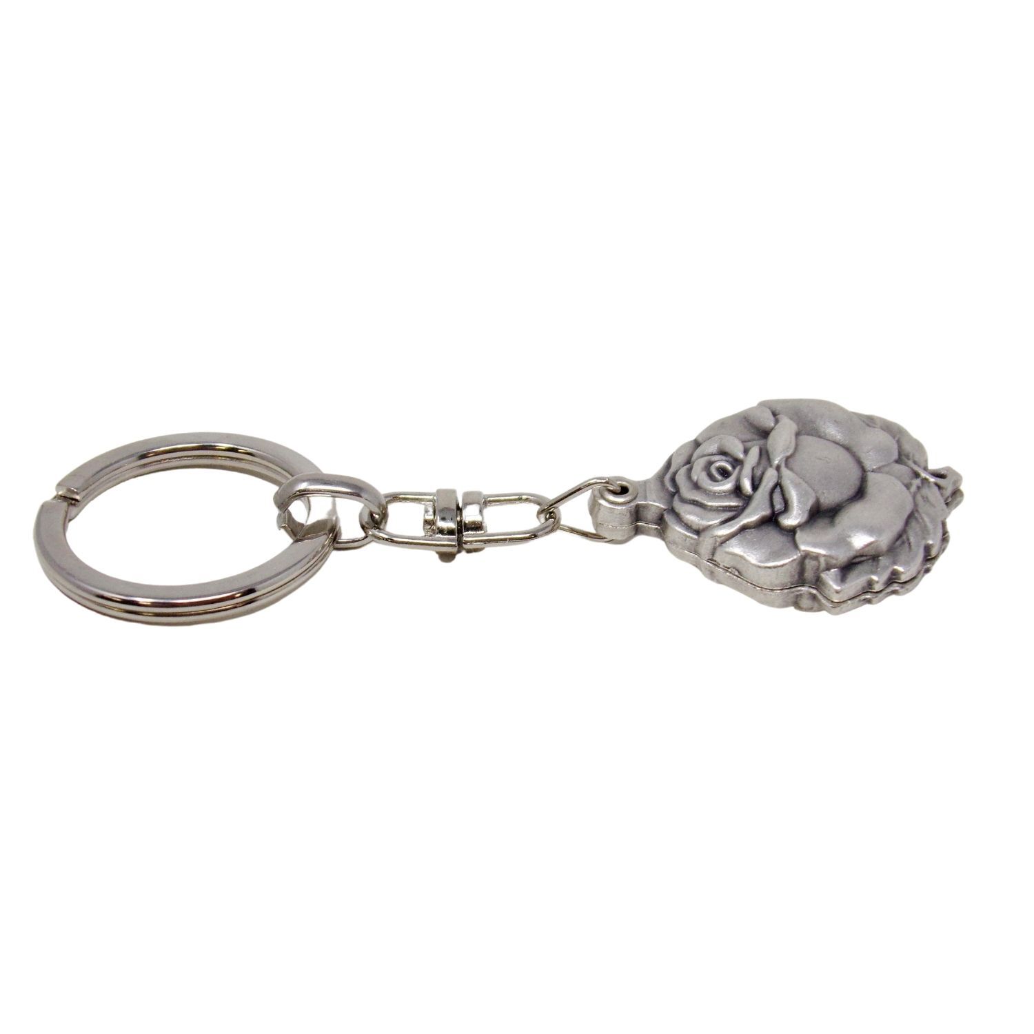 Silver Tone Sacred and Immaculate Hearts Epoxy Image Rosebud Key Chain 3 1/2 In