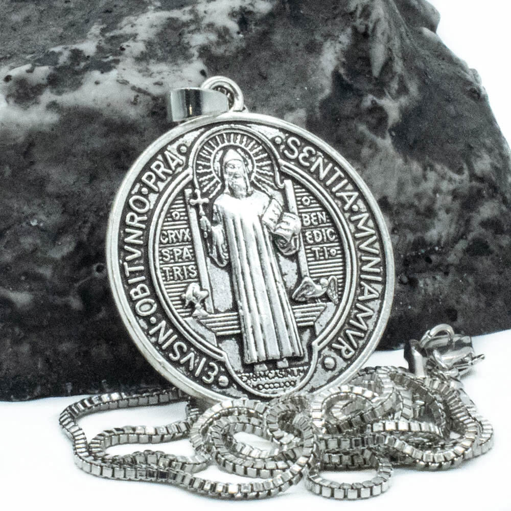 Saint St Benedict Of Nursia Cross Medal 1 1/4″ Pendant Necklace 24″ Box Chain