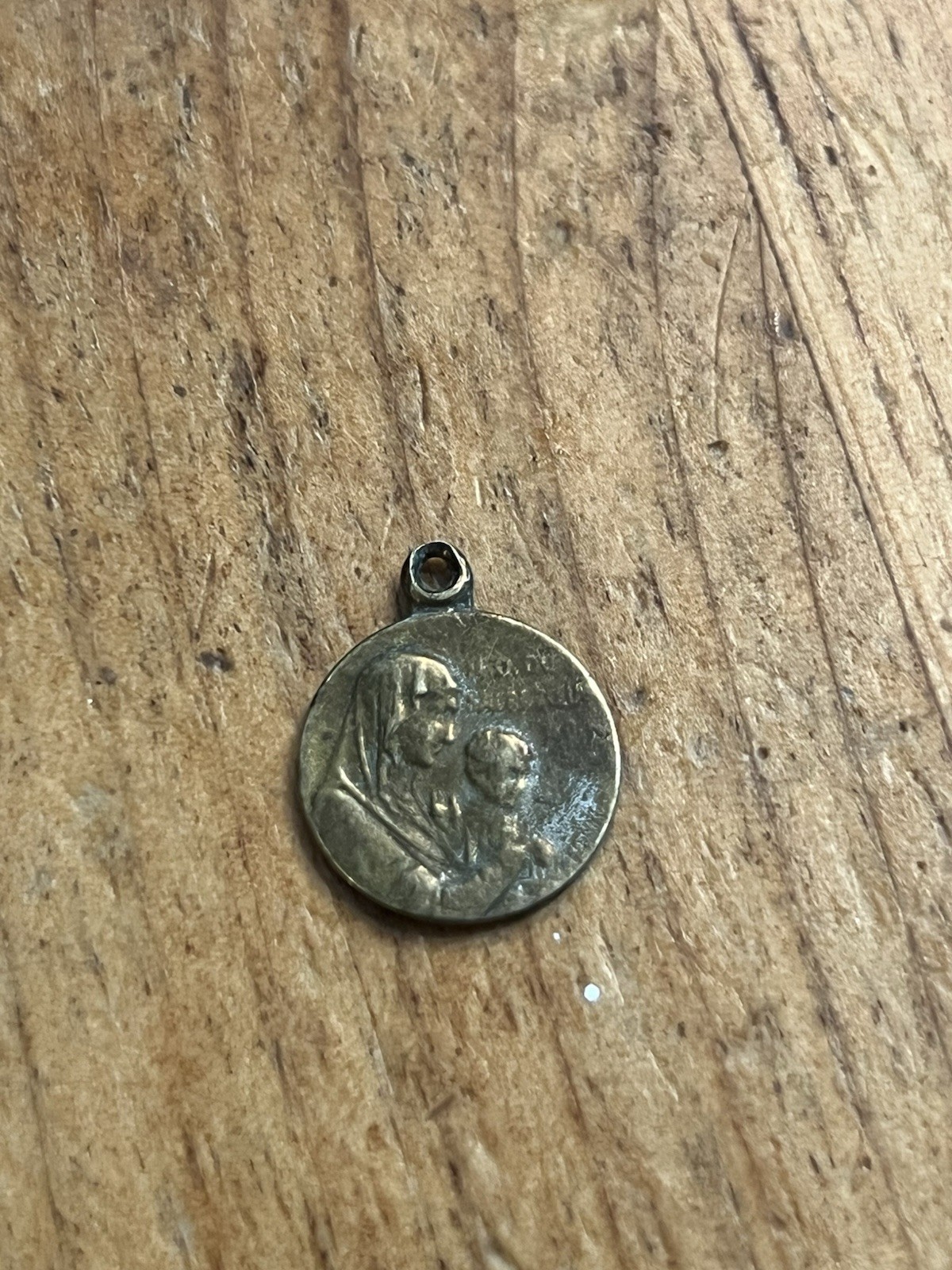 French medal Mary 1800s ⅝” Brass Gold Necklace Pendant Round Jesus