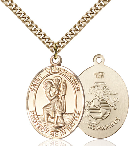 14K Gold Filled St Christopher Marines Military Soldier Catholic Medal Necklace