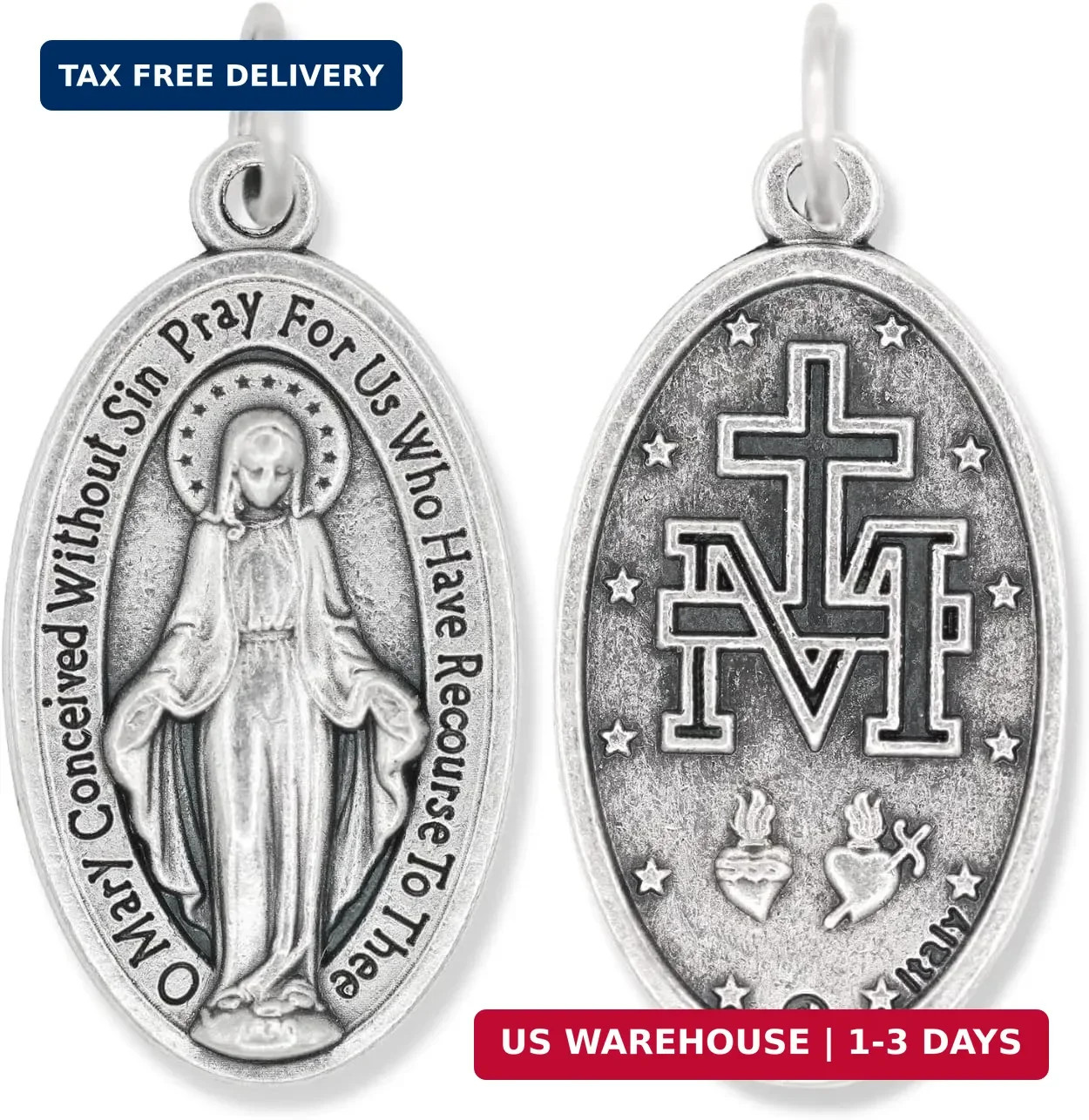 Bulk Pack of 10 – Miraculous Medal – 1 1/8″ Silver Oxidized Pendant for Necklace