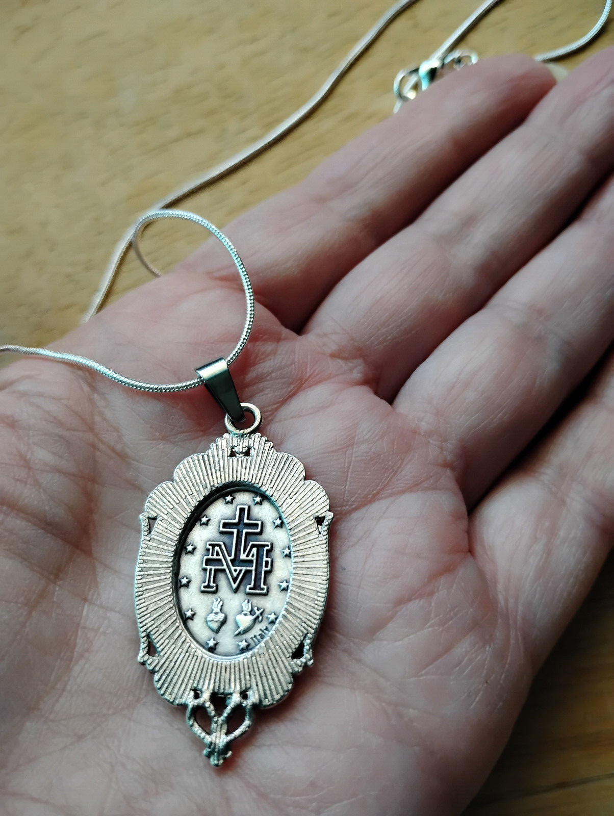 Silver Blue enamel Miraculous Medal Pendant necklace 925 sterling chain OOAK