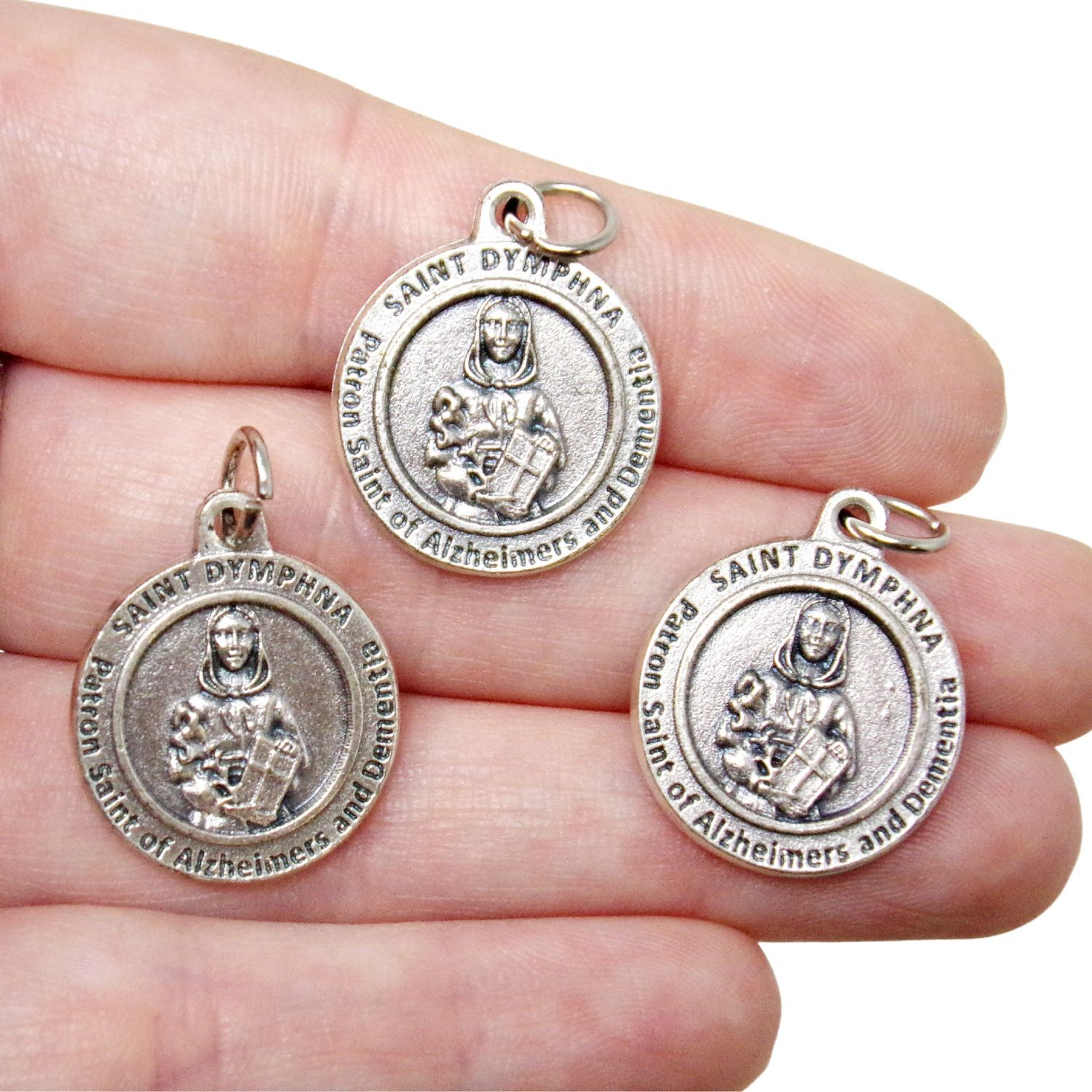 Patron St Saint Dymphna Round Silver Tone Medals Pendants for Rosary Parts 1 In