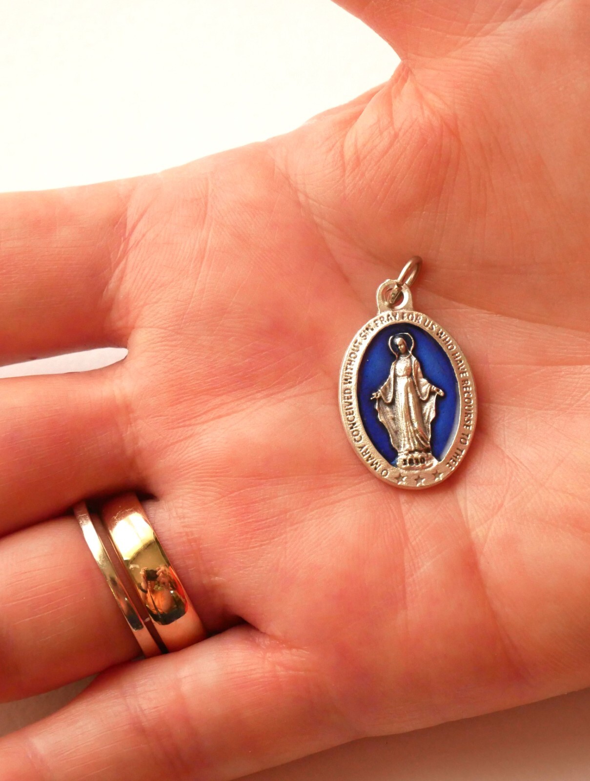Miraculous 7/8″ x 5/8″ Silver Tone / Blue Medal