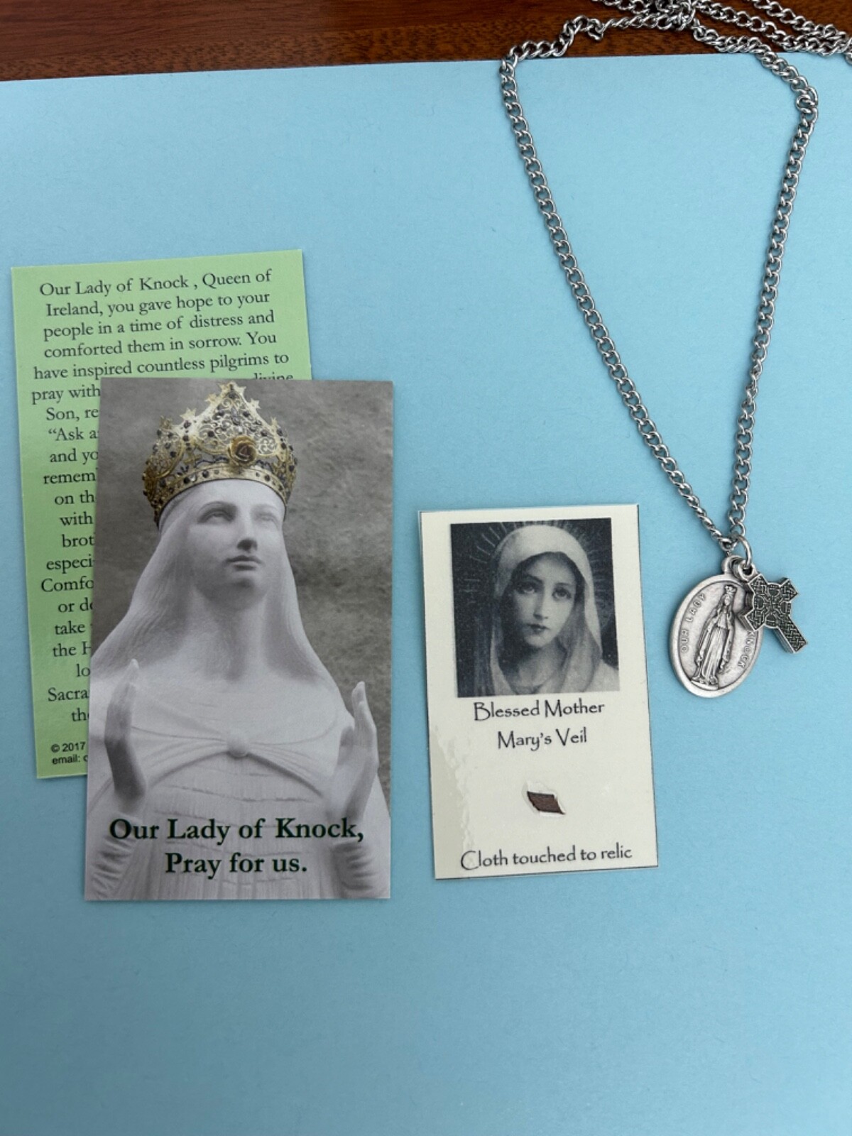 Irish Celtic Catholic Saint medal Our Lady of Knock St Mary veil relic holy card
