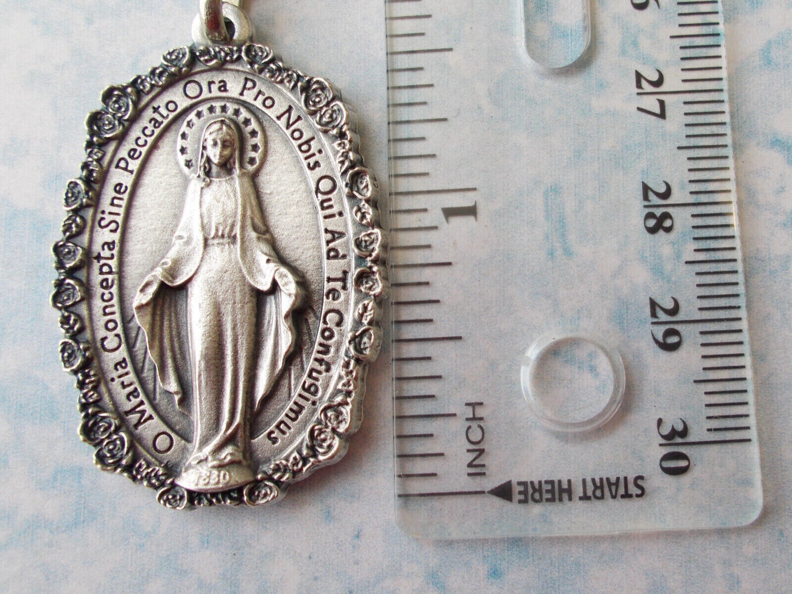 Catholic Silver Tone XL Miraculous Medal Rose Border Latin 1 3/4″ Italy