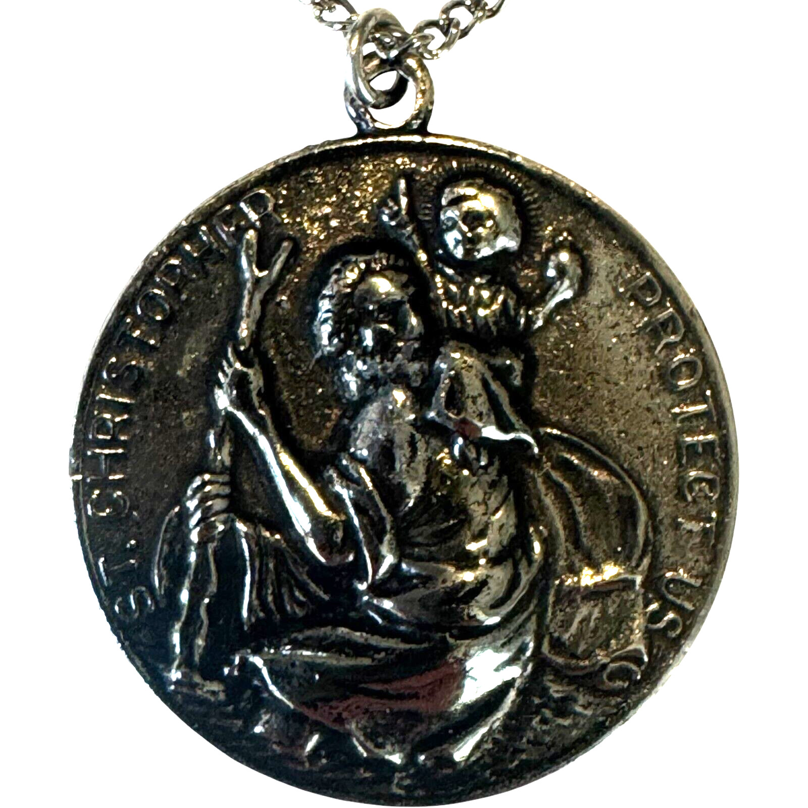 Saint St Christopher Medal Protect Us Heavy Oval Style Large Pendant Necklace