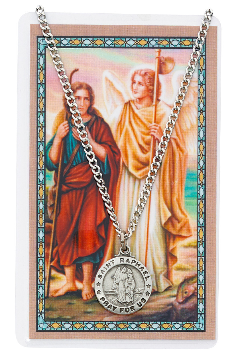 Saint Raphael Pendent Pewter Medal 24 Inch Silvertone Chain Prayer Card Set