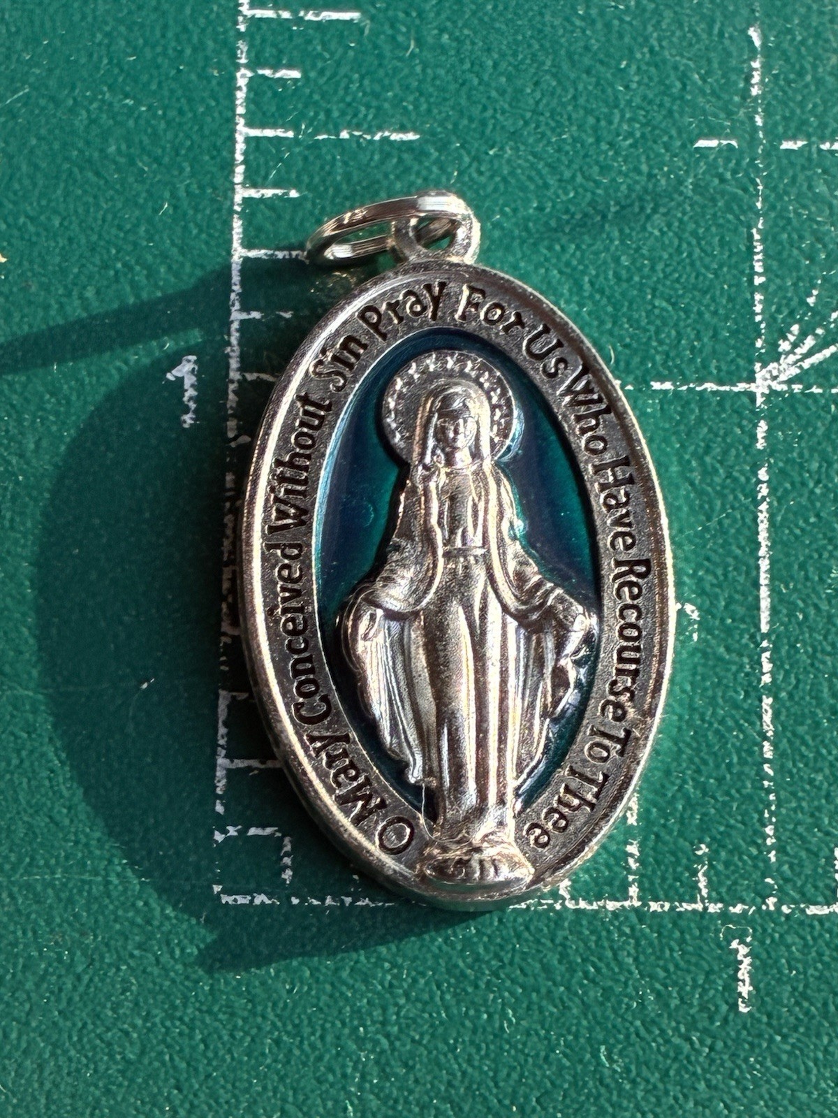 Vintage Catholic Blue Enameled Miraculous Medal Pendant Charm Pray For Us 1.25in