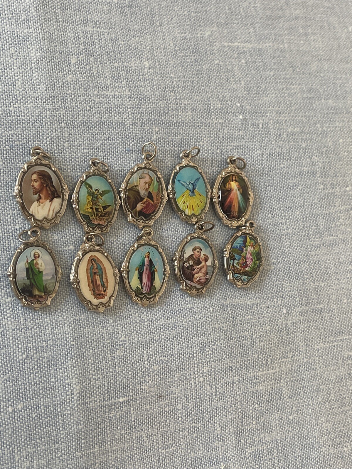 Lot of 10 Religious Medals Pendants Charms, Virgin Mary, Guardian Angel, Jesus,