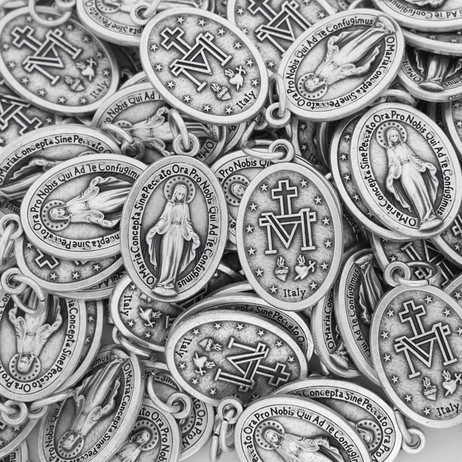 100 Pack LATIN Miraculous Medals 1″ Silver Plated, Made in Italy — Catholic
