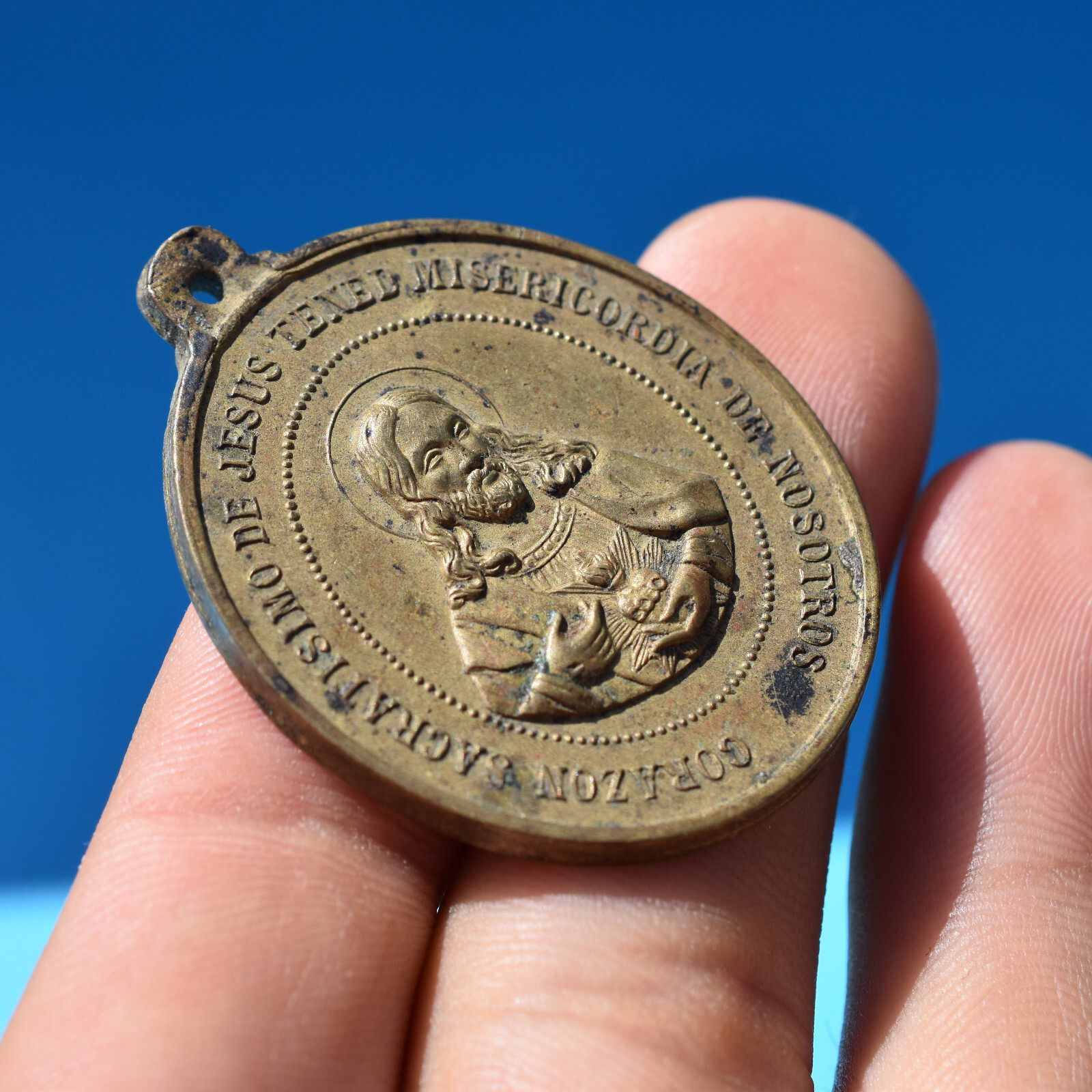 LARGE SACRED HEARTS OF JESUS & MARY RELIGIOUS MEDAL OLD 19T C CATHOLIC MEDALLION
