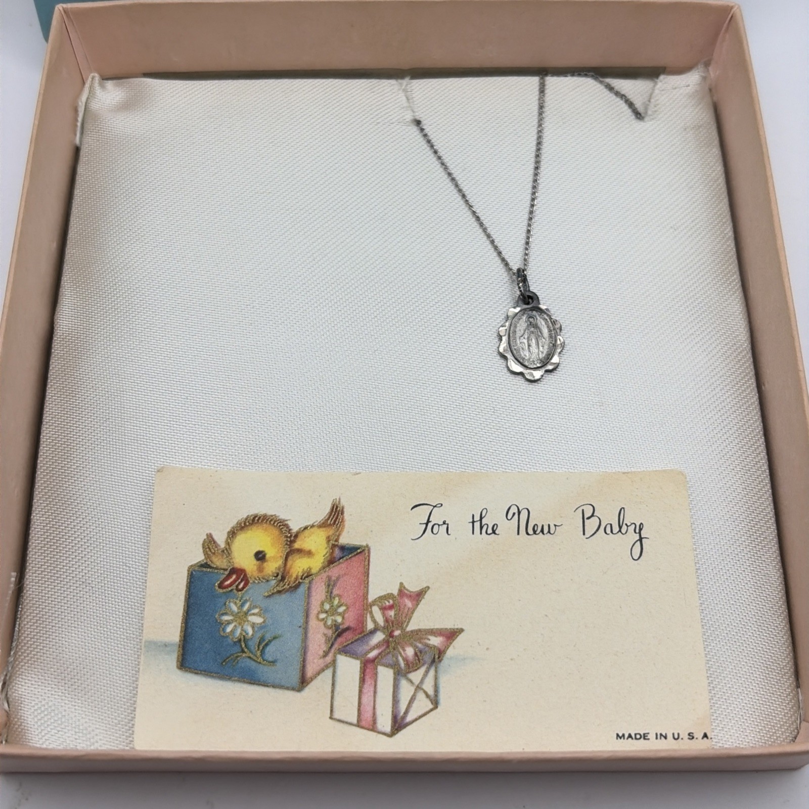 Vintage Infant Baby Necklace Miraculous Medal Virgin Mary Medal Sterling Silver