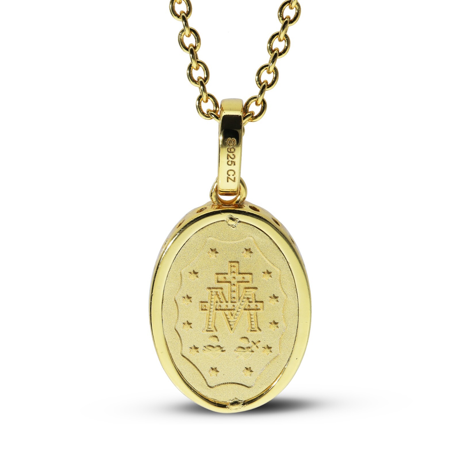 18k Gold plated Silver CZ Miraculous Medal Pendent Necklace Virgin Mother Mary