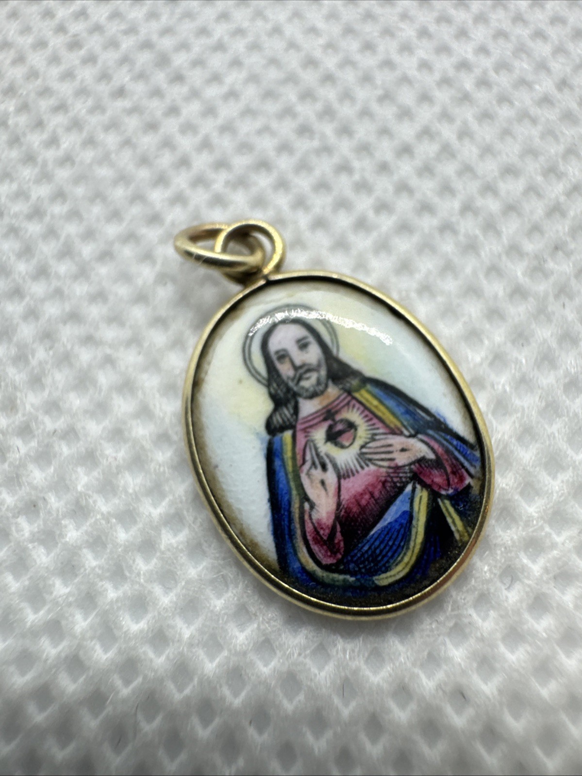 Vintage Sacred Heart of Jesus Sagrado Corazon Medal 14k Gold Pendant Enamel