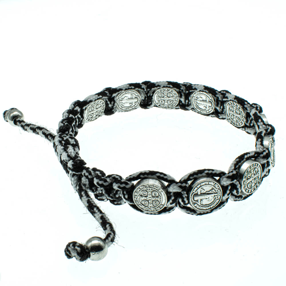 Black And Gray Saint St Benedict Bracelet 8″ Adjustable Cord 10 Silver Medals