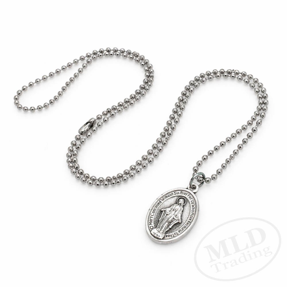 Miraculous Medal Virgin Mary Pendant Necklace 24″ Chain Italy Silver Tone Alloy