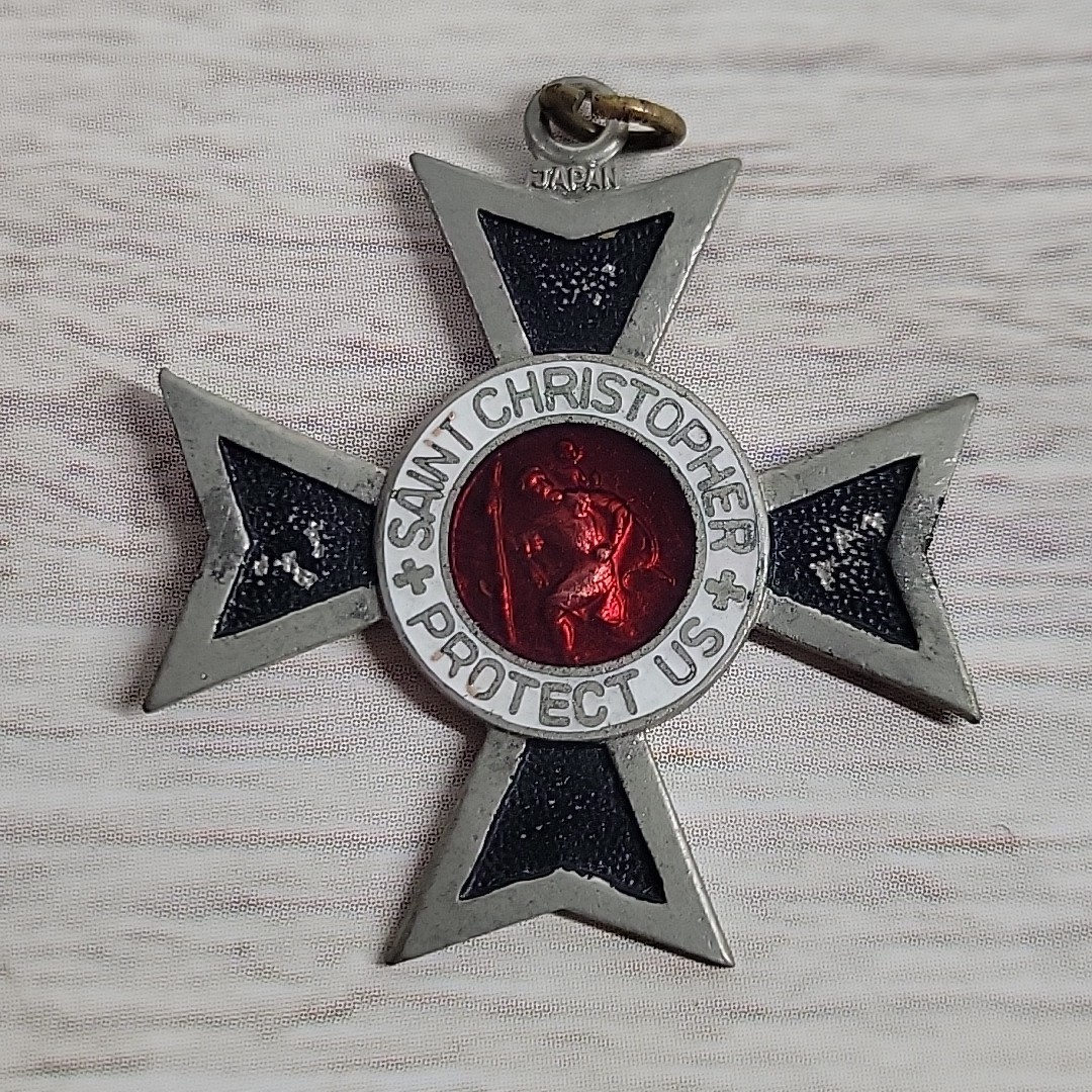 Vintage Iron Cross Red Enamel St Christopher Protect Us Surfer Medal Japan