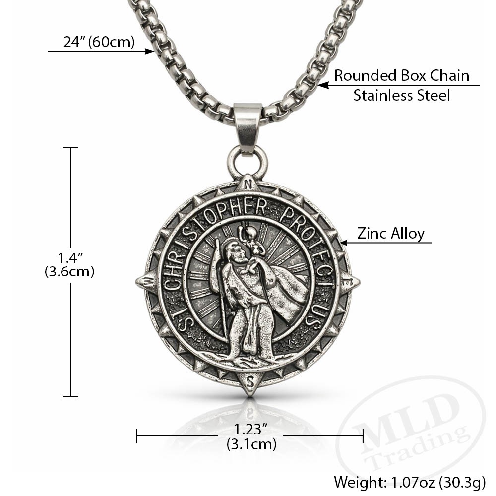 Saint St Christopher Medal Necklace – Detailed Compass Style Pendant 24” Chain