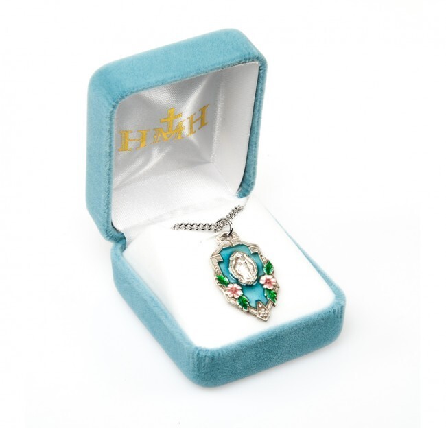 925 Sterling Silver Mary Miraculous Flower Framed Blessed Pendant Medal Necklace