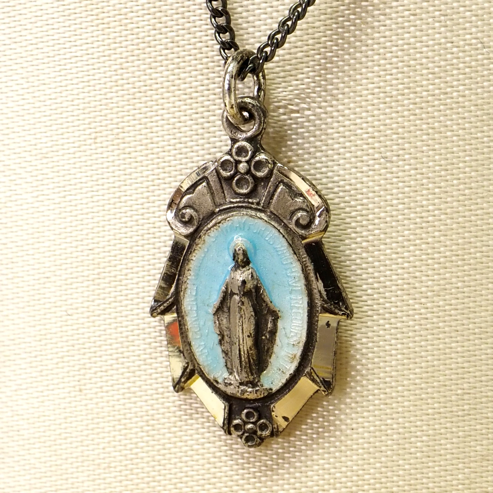 Vintage HMH STERLING SILVER & Enamel Religious Miraculous Medal Pendant Rare!