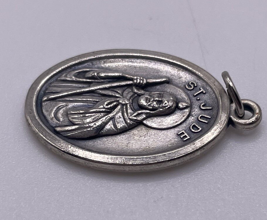 St Saint Jude Pray For Us Medal Pendant Italy Silver Tone Patron of Lost Causes