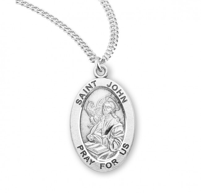 St. John Evangelist Sterling Silver Oval 0.9″ Medal, Gift Box, 20″ Chn, US Made