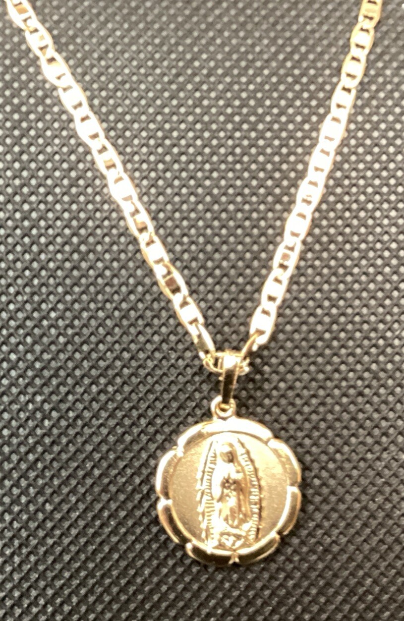 14K Gold Plated Medal And Chain Of Guadalupe And St Jude 3D. Necklace San Judas